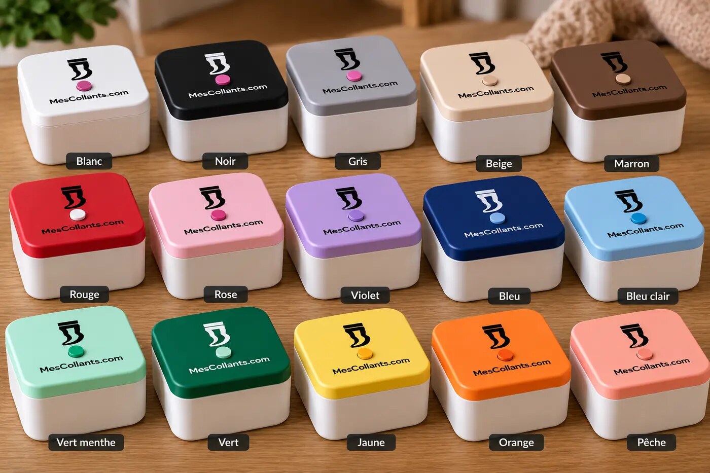 Rendu de conception des boîtes MesCollants en différents coloris